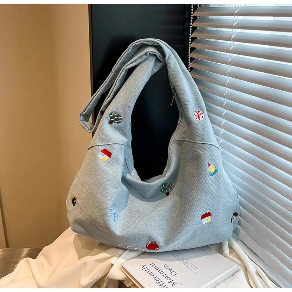 Zipper Closure Shoulder Bag Embroidered Design Korean Style Canvas Bag Sweet Style Cute Design Large-capacity Bag Class Use Zipper Closure Shoulder Bag Embroidered Design Korean Style Canvas Bag Sweet Style Cute Design Large-capacity Bag Class Use
