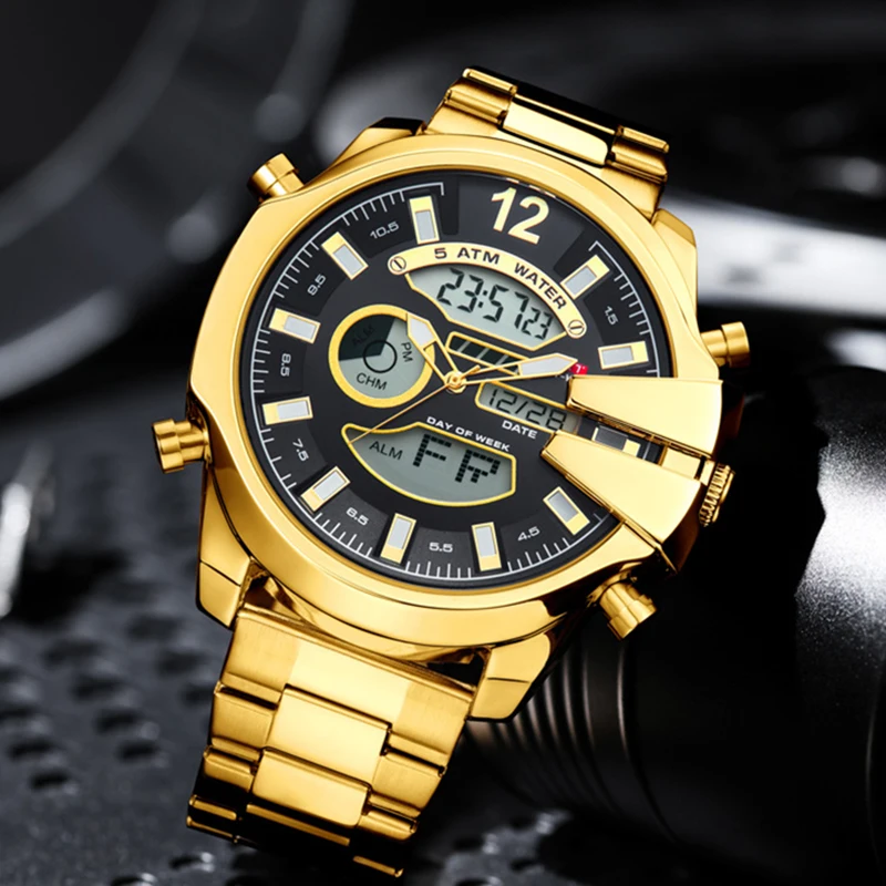 

Dual Display KAT-WACH Men Big Dial Wrist Watches Gold Top Brand Luxury Male Clock 2024 Gold Black Quartz Chronograph Dropship