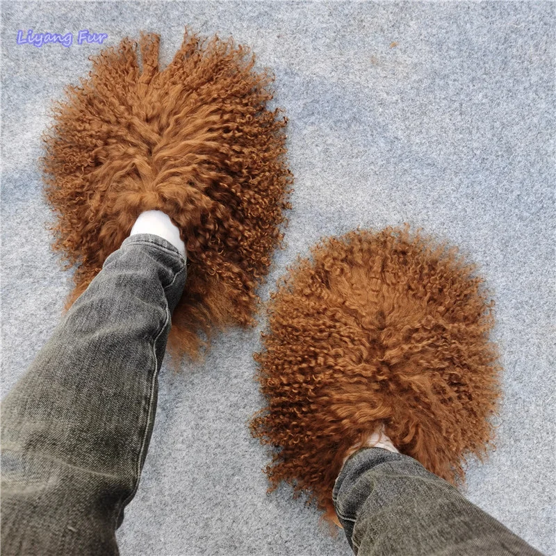 

Autumn Winter Female Fashion Fluffy Curly Real Mongolian Sheep Fur Slide Slippers For Women Wholesale Supply Flully Fur Slipper