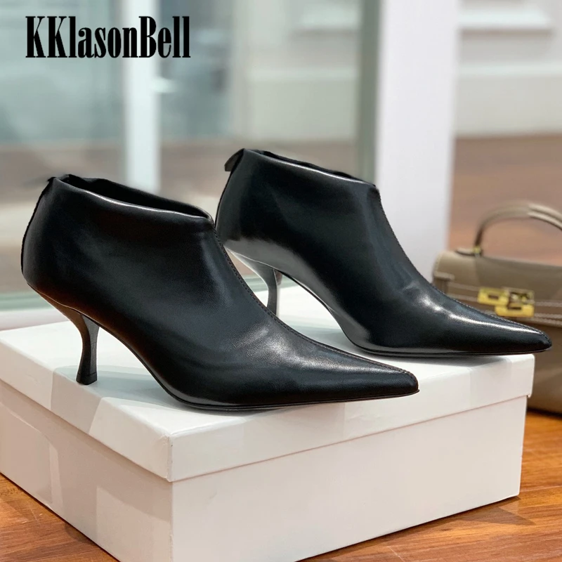 

12.4 KKlasonBell Pointed Toe Ankle Boots Women Genuine Leather Height Increasing 7cm Fashion Chelsea Boots