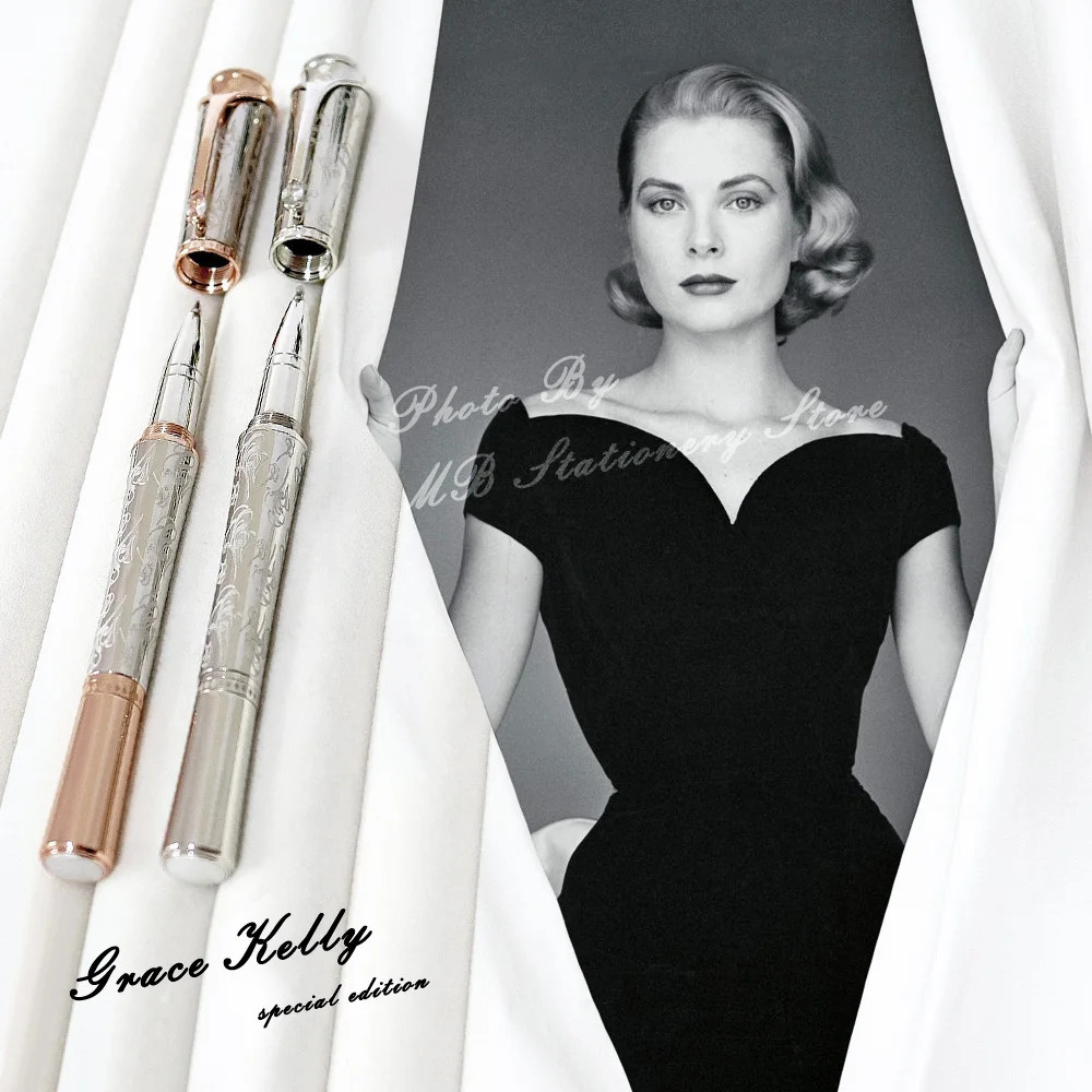 

PPS Grace Kelly Silver Flower Engraved MB Rollerball Ballpoint Pen With Teardrop Shape Diamond Stone Clip Monte Great Actress