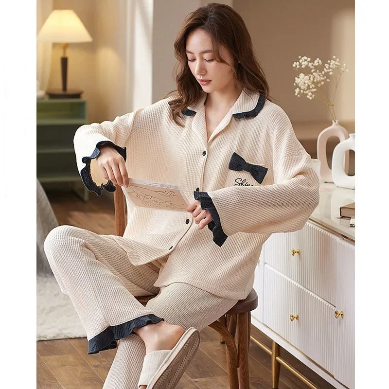 

2024 New Pajamas Women's Spring and Autumn Waffle Long Sleeve Loungewear Casual and Simple Wearable Homewear Suit Two Piece Set