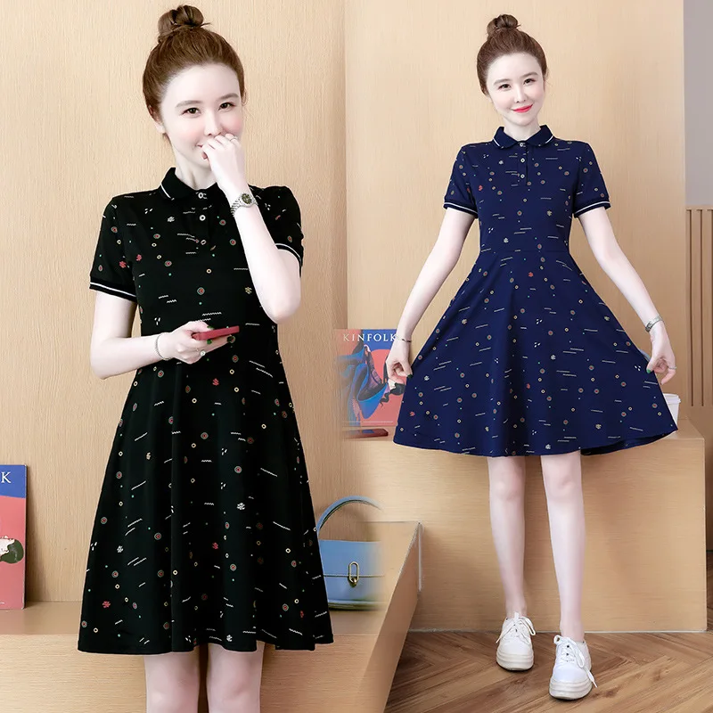 

#6447 Black Blue Polka Dot Printed A-line Dress Polo Neck Harajuku Thin Summer Short Sleeve T Shirt Dress Women High Waisted