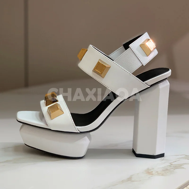 

Women High Heeled Sandal Summer New Square Toe Cap Open Toe Elastic Band Design Female Shoes Concise Atmosphere Sandals