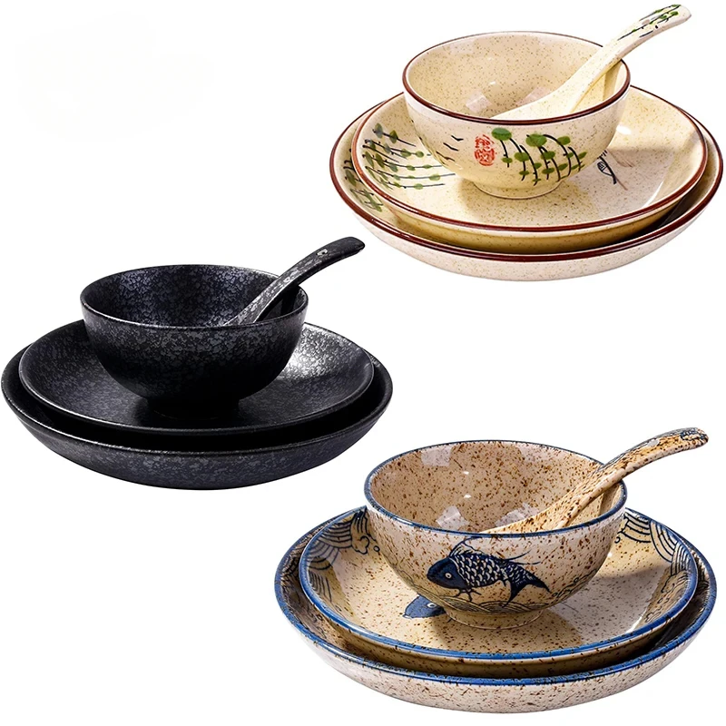 

4-piece Ceramic Dinnerware Set Japanese Hand-painted Tableware Set Dinner Plate Salad Dessert Dish Cereal Bowl Soup Spoon