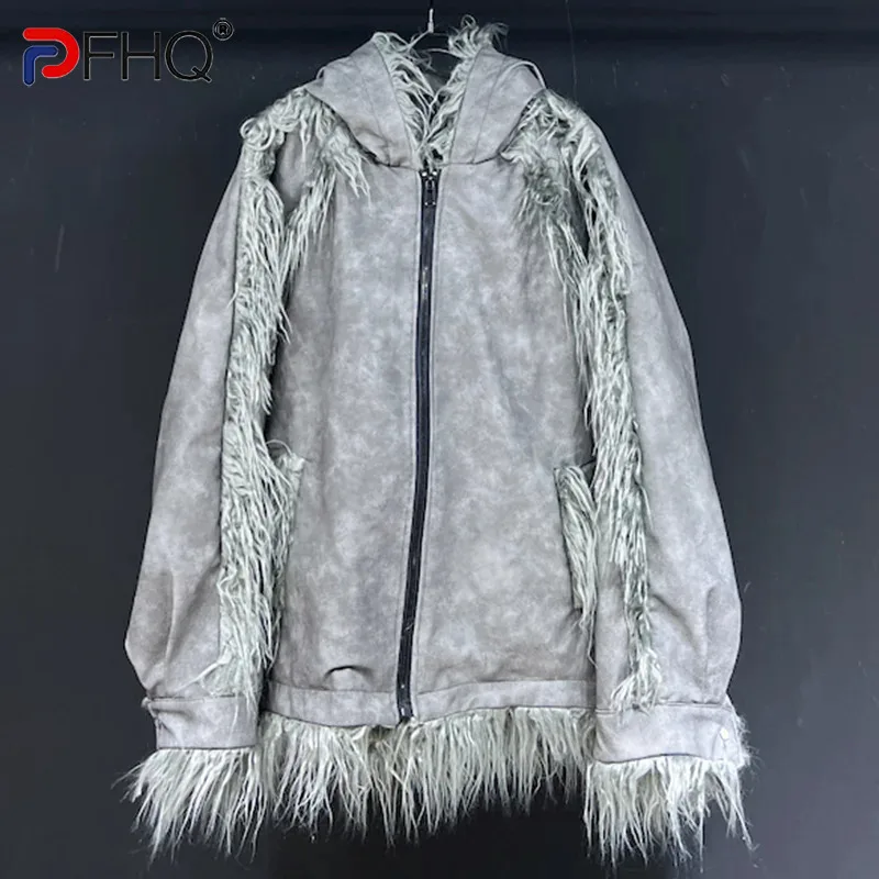 

PFHQ Hooded Spliced Fur Men's Coat Silhouette Zippers PU Heavy Industry Motorcycle Baggy Male Advanced Jackets Spring 21Z4263