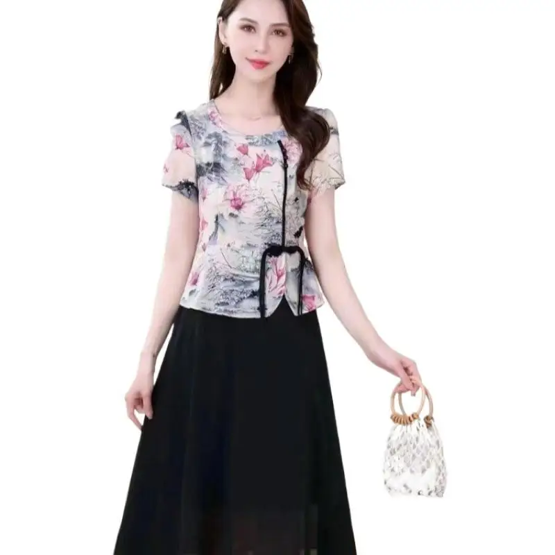 

Элегантные модные шифоновые платья в китайском стиле с принтом в стиле пэчворк летнее платье миди с коротким рукавом женская одежда для женщин среднего возраста