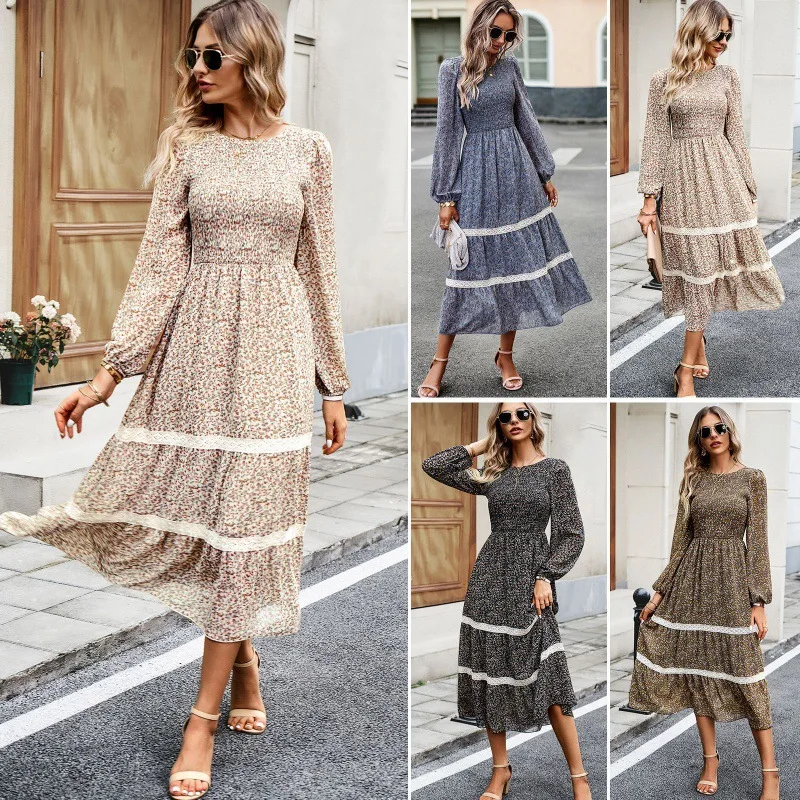 Women Autumn Winter Fashion O-neck Printing Flower Long Sleeved Elastic Waist Patchwork Lace Elegant Temperament Robe Dress
Women Autumn Winter Fashion O-neck Printing Flower Long Sleeved Elastic Waist Patchwork Lace Elegant Temperament Robe Dress