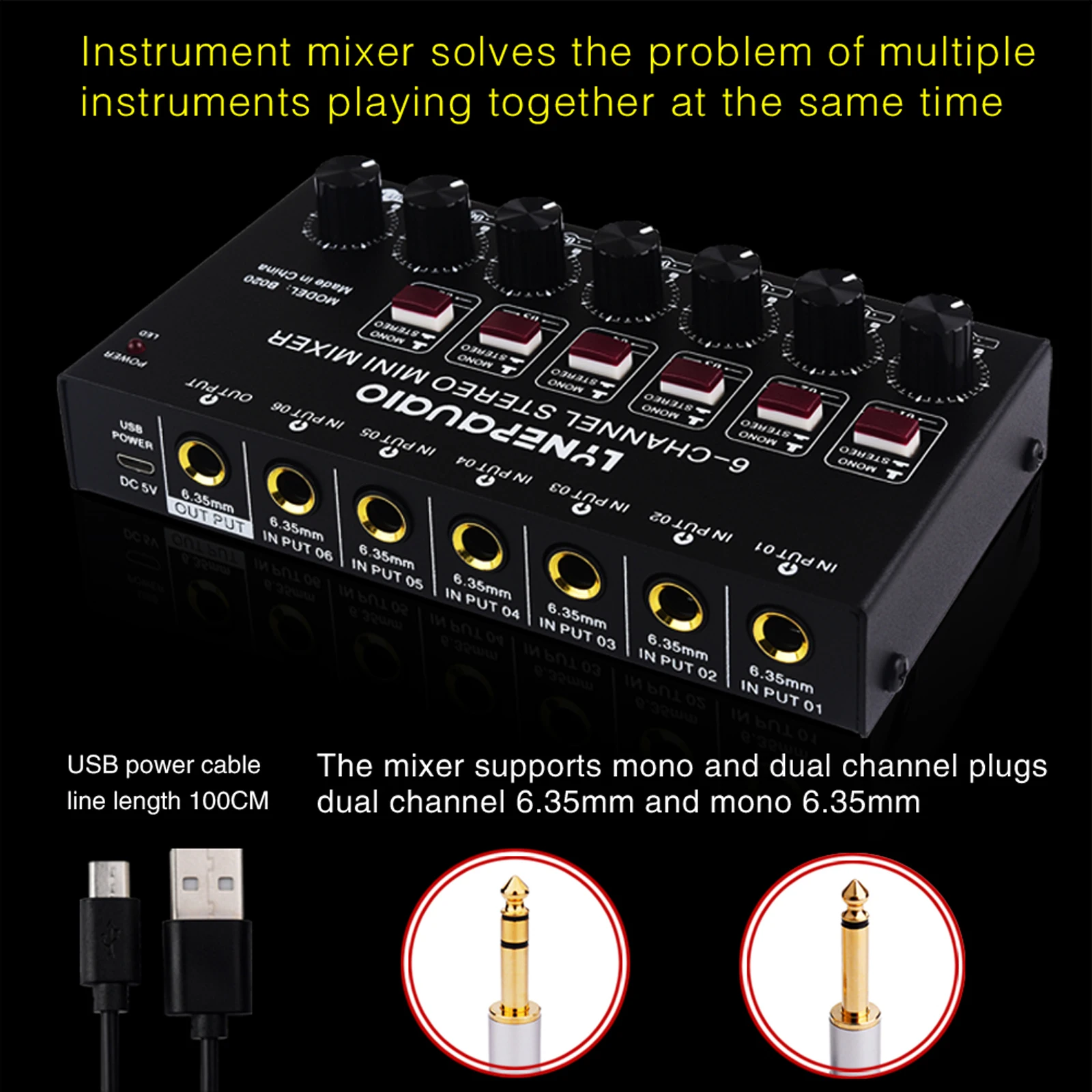 Mini 6-Channel Stereo Audio Mixer Musical Instrument Mixer Electric Wind/Electric Guitar/Electronic Piano
Mini 6-Channel Stereo Audio Mixer Musical Instrument Mixer Electric Wind/Electric Guitar/Electronic Piano