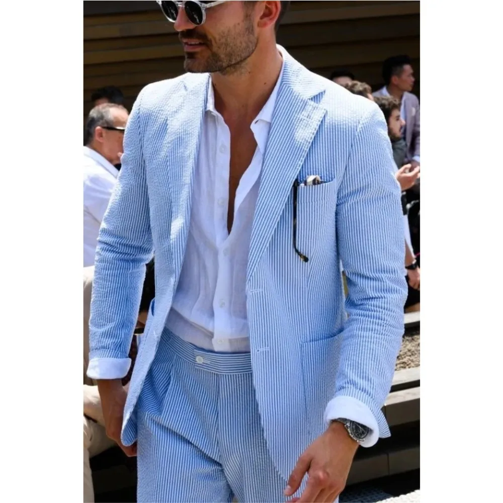 

Summer Sky Blue Men Suits 2 Pieces Leisure Seersucker Notched Lapel Suit Groom Wedding Tuxedos Tailor Blazer Jacket Pant
