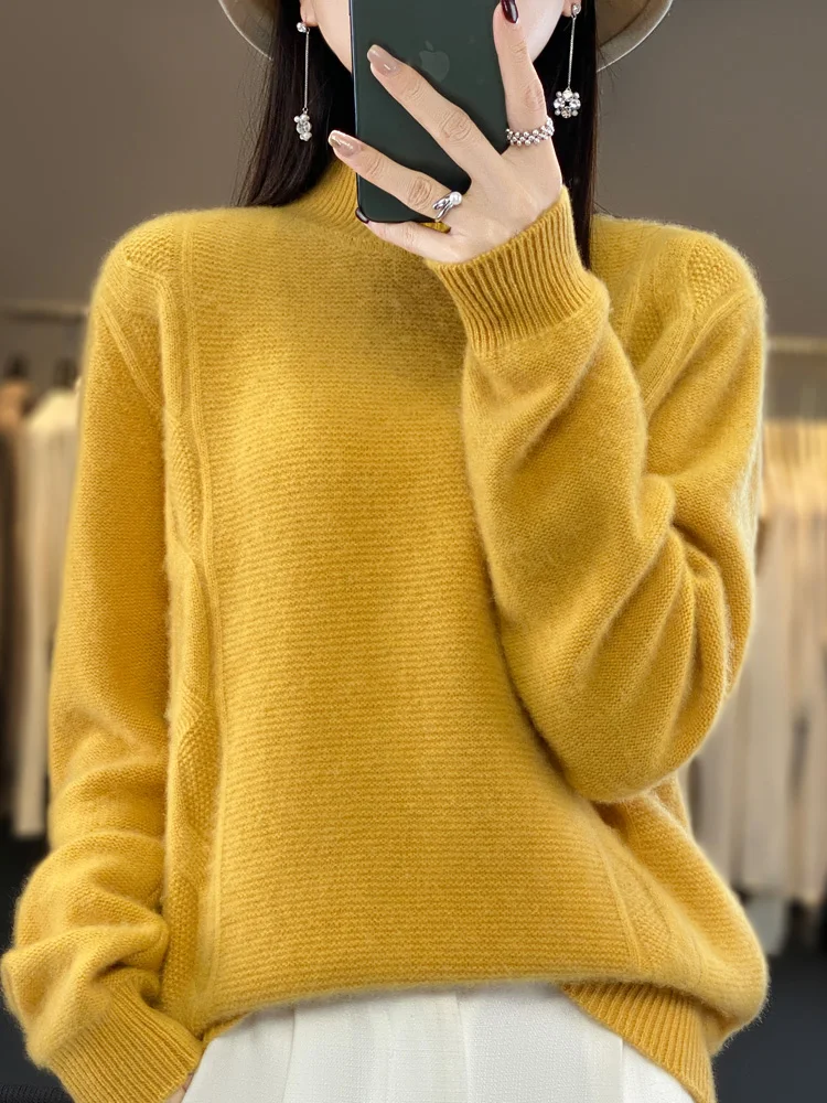 

Addonee New Chic Autumn Winter Women Sweater Pullover Mock Neck Thick 100% Merino Wool Long Sleeve Warm Casual Cashmere Knitwear