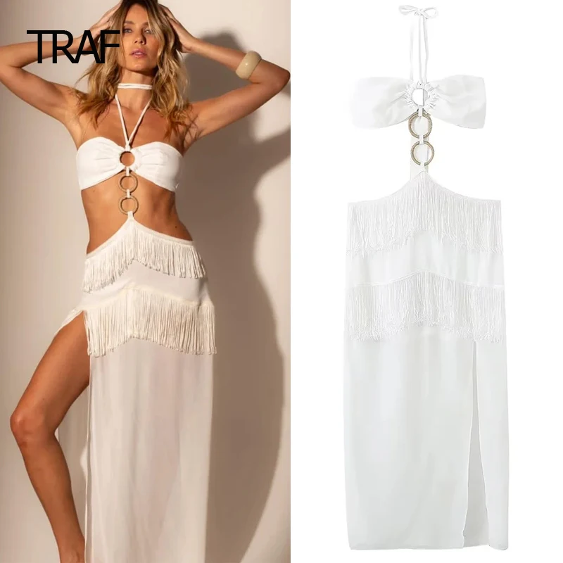 

TRAF Cutwork Fringing Dress Womens Dresses Spring Summer 2024 Strapless Sleeveless Backless Halter Slit Dress Elegant Dresses