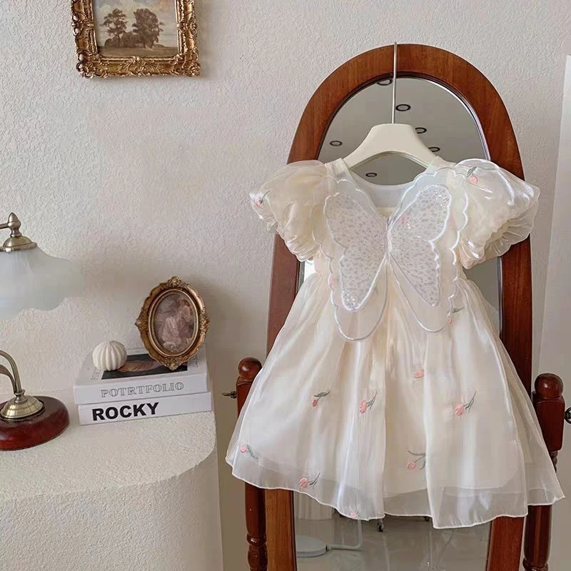 

2023 New Toddler Baby Girls Dress 3D Butterfly Ruched Sleeveless Layered Cami Dress Summer Casual Clothes Princess Dress