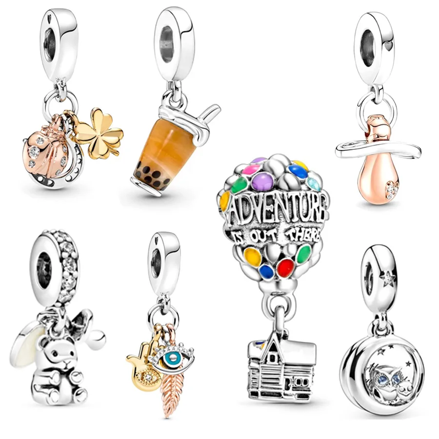 

New 925 Sterling Silver Glass Bubble tea Owl & Horseshoe Clover Ladybird Dangle Charm Fit Original Pandora Bracelet DIY Jewelry