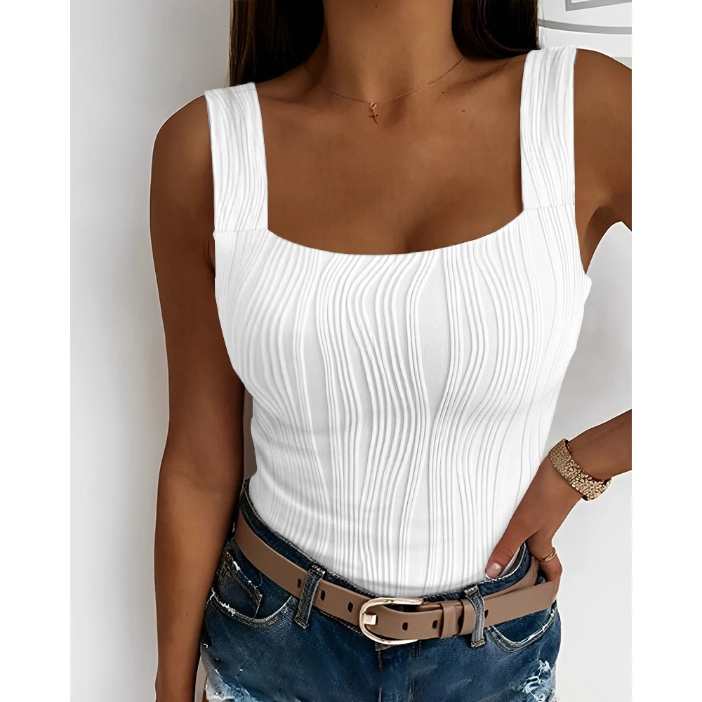 

Fashion Sexy Woman Textured Squar Neck Thick Strap Sleeveless Tank Top Summer Women White Steetwear Cami Tee Top Daily traf