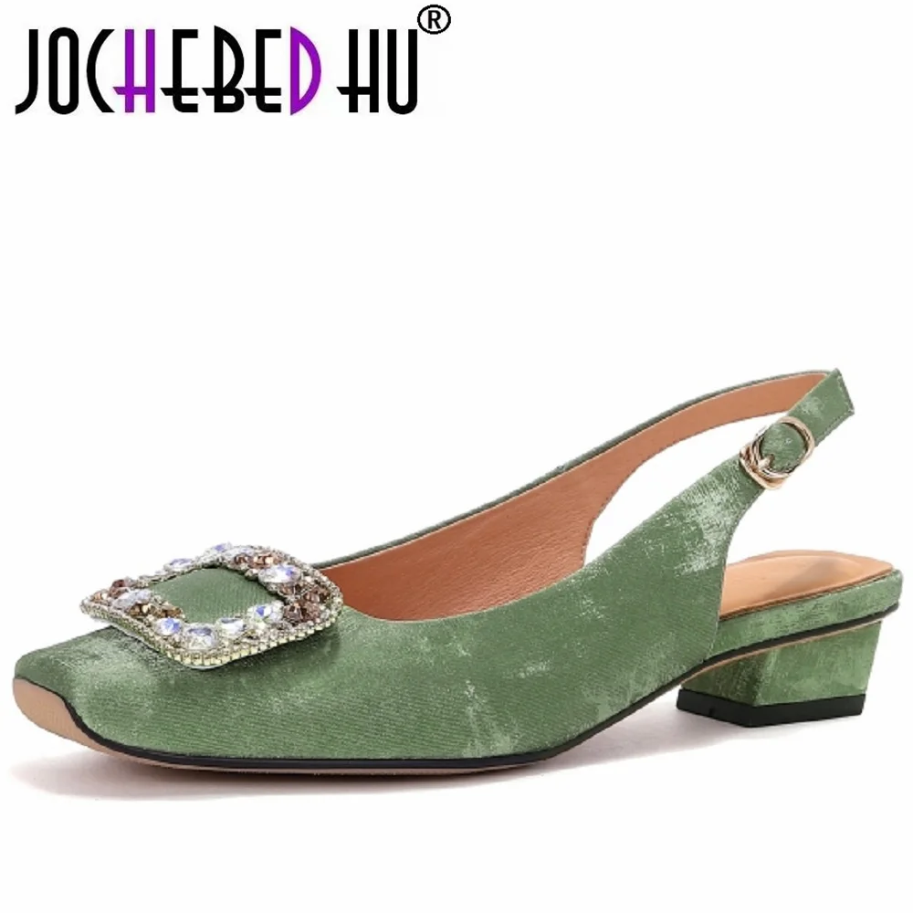 

【JOCHEBED HU】Big size 34-41 women's genuine leather square toe slingback slip-on flats sandals crystal buckle elegant ladies