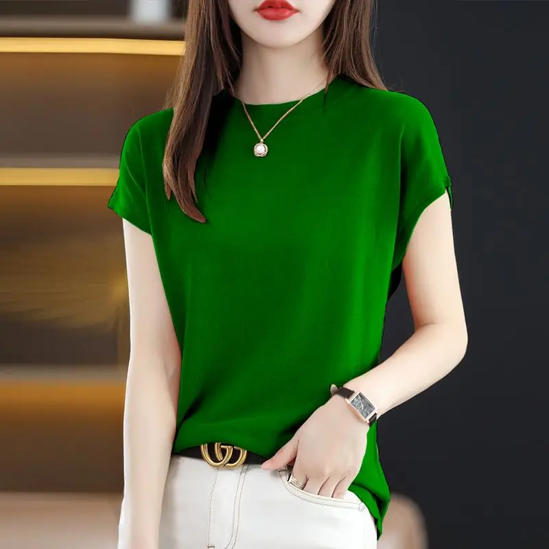 

Koreon Fashion Women Clothing Knitted T-shirt Summer New Short Sleeve Vintage Pulover Tees Solid Bottoming Casual Versatile Tops