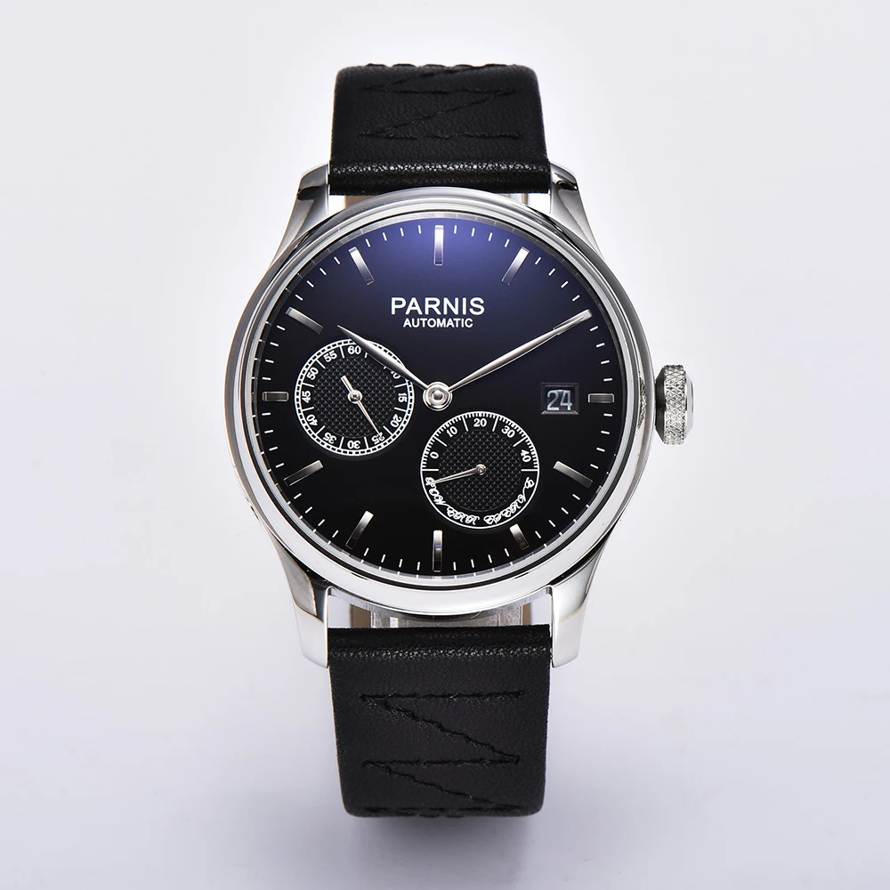 

Fashion Parnis 43mm Silver Case Automatic Mechanical Men's Watch Power Reserve Calendar Leather Strap Men Watches reloj hombre