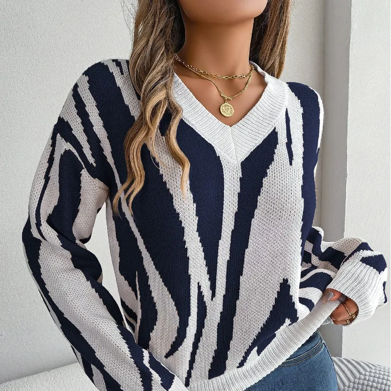 

Autumn and Winter Women's Pullover V-neck Long Sleeve Contrast Stripe Loose Office Lady Fashion Casual Bottom Sweater Tops