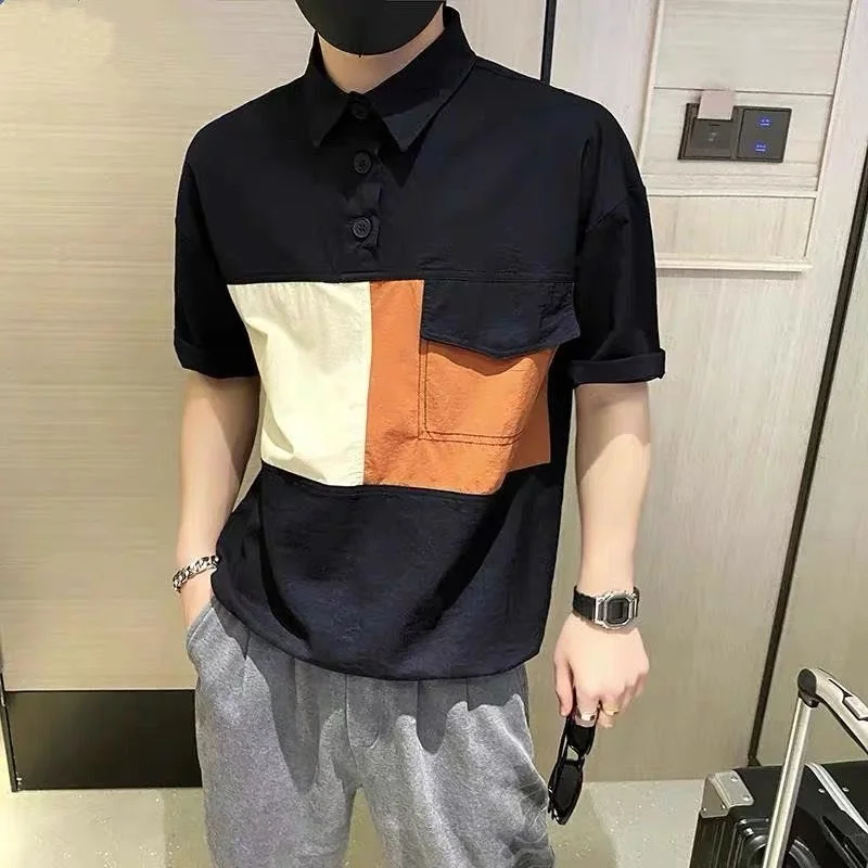 

New Personalized Colorblock White T Shirt Collar Men T-shirt Fashion Trend Handsome Tide Summer Polo Short Sleeve Kpop Clothing