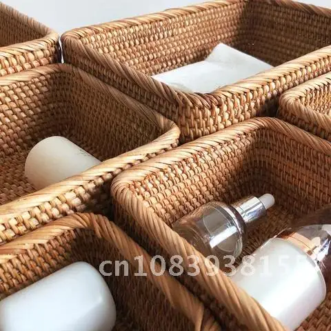 

Wicker Hand-Woven Rattan Basket Tea Fruit Snack Bread Basket Cosmetic Rectangular Storage Box Household Kitchen Supplies