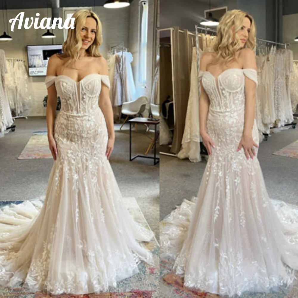 

Aviana Classic Lace Appliques Mermaid Wedding Dresses Off Shoulder Sweetheart Neck Brides Gown Sweep Train Vestido Novia Boda