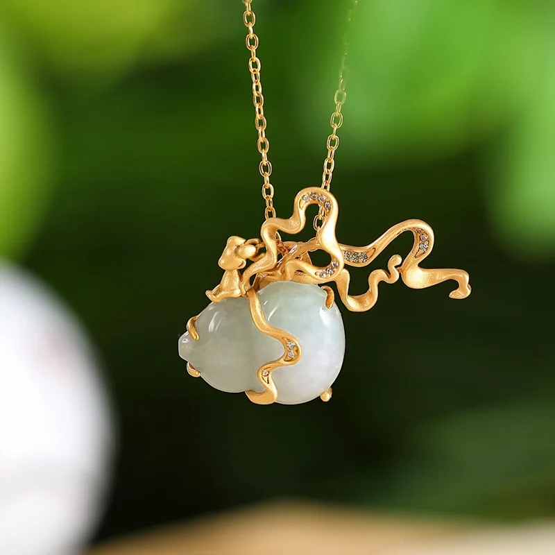 

Natural Hetian Jade Jue Suet Necklace Women's Jade Chinese Style Sterling Silver Gilding Lotus Leaf Calabash Pendent to Give Mom