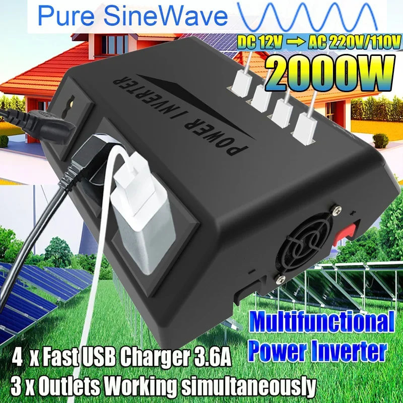 

2000W 12V To 220V 110V Pure Sine Wave Inverter Touch Screen USB Universal Plug Multi-function Camping Car Solar Power Inverter