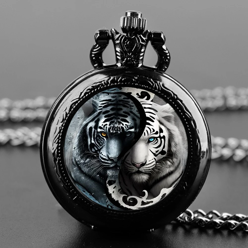 

Personality Classic Tiger Design Vintage Quartz Pocket Watch Glass Dome Men Women Pendant Necklace Chain Clock Jewelry Gifts