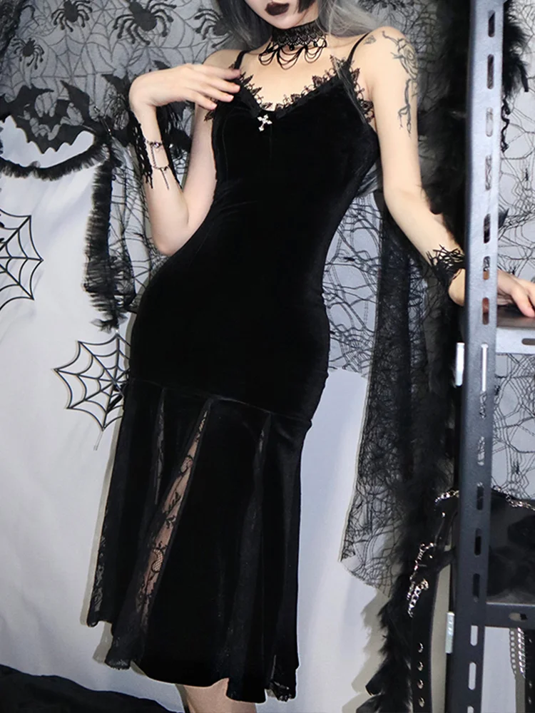 

Женское бархатное платье с открытой спиной, сексуальное длинное платье на бретельках-спагетти с черными кружевными вставками в готическом стиле, Макси-платье в стиле Харадзюку, одежда для вечеринки в стиле эмо