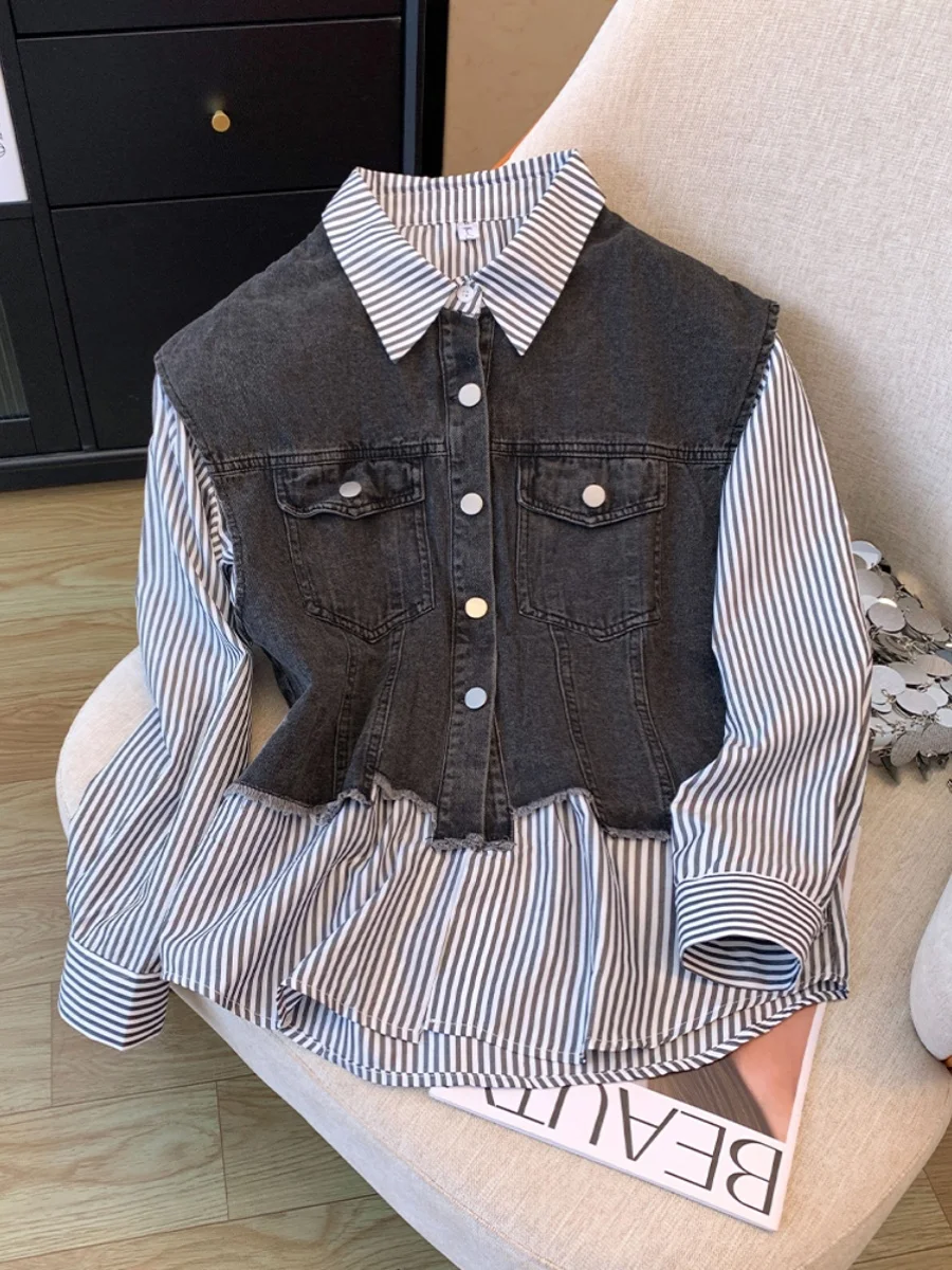 

SuperAen 2024 Spring and Autumn New Korean Style Denim Spliced Fake Two Piece Striped Shirt Women's Loose Casual Shirt
