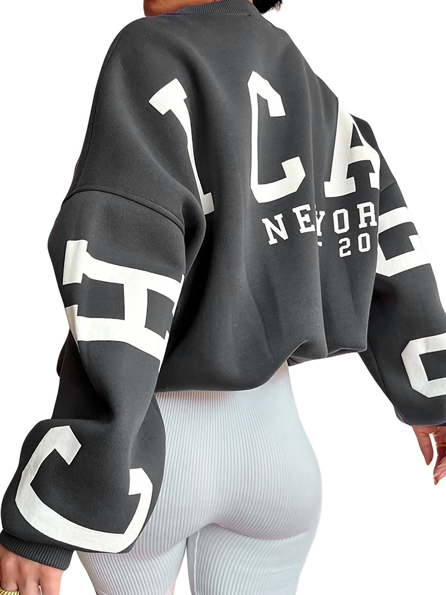 

Caziffer Women Loose Pullover Oversized Sweatshirts Letter Print Crewneck Casual Thickened Long Sleeve Y2K Boy Friend Tops