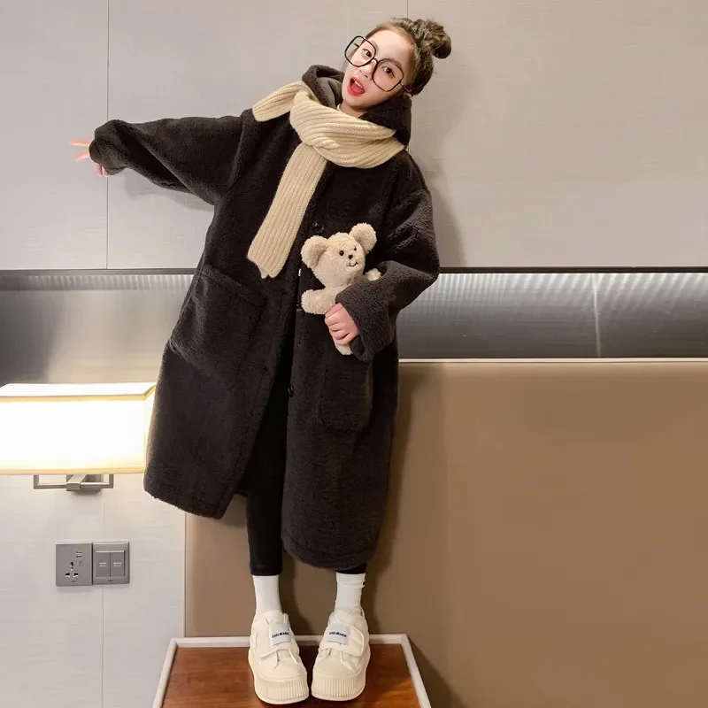 

2024 Korean Winter Junior Girl Long Warm Jacket Teenager Girl Hooded Fur Integrated Warm Windbreaker Girls Winter Thicken Coat