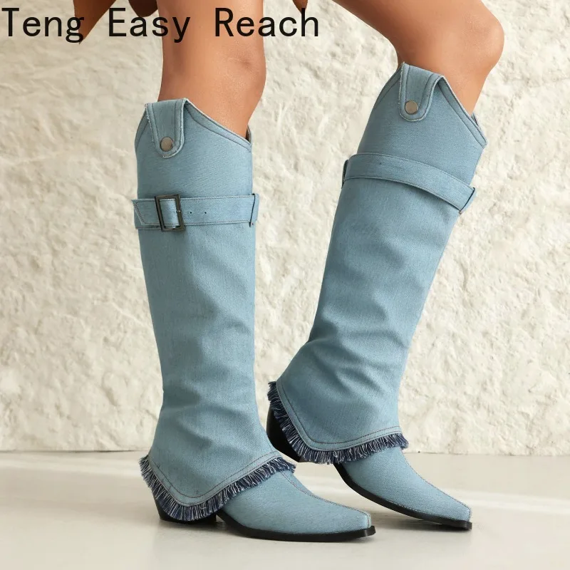 

Blue Cowboy Women's Knee-high Western Boots 2023 Fall Fashion High-heeled Thigh-high Boots Women's Chunky Heel Jeans Botas Shoes