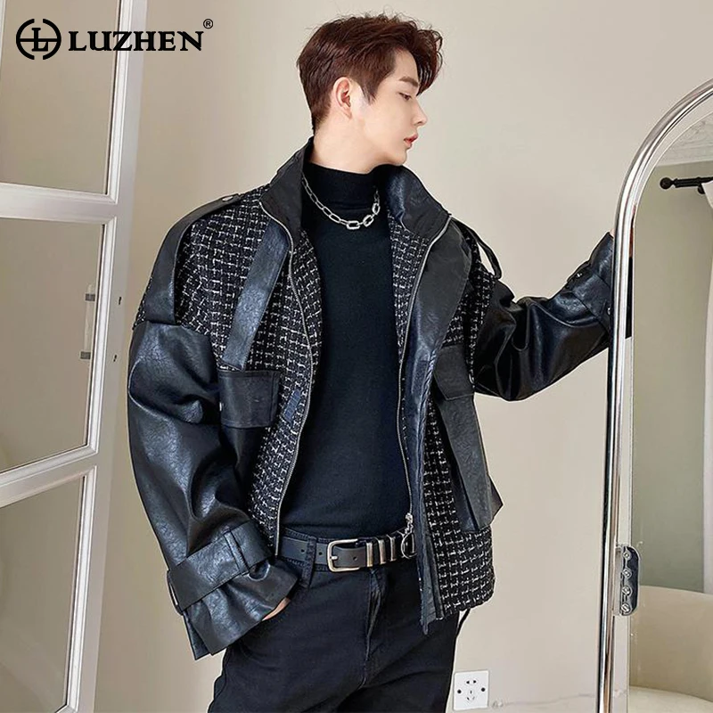 

LUZHEN Fashion Luxury Checked Splicing Leather Jacket Men's Loose Original Design High Street 2024 New Elegant Outerwear LZ1535