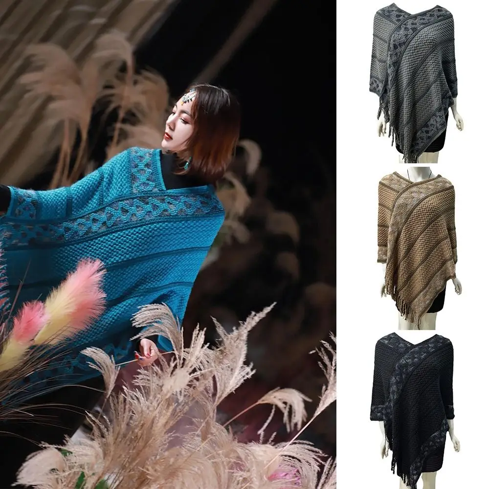 

Ethnic Style Mongolian Poncho Plush Winter Warm Imitation Cashmere Twill Stripe Tassel Shawl Knitted Cape Women Fashion