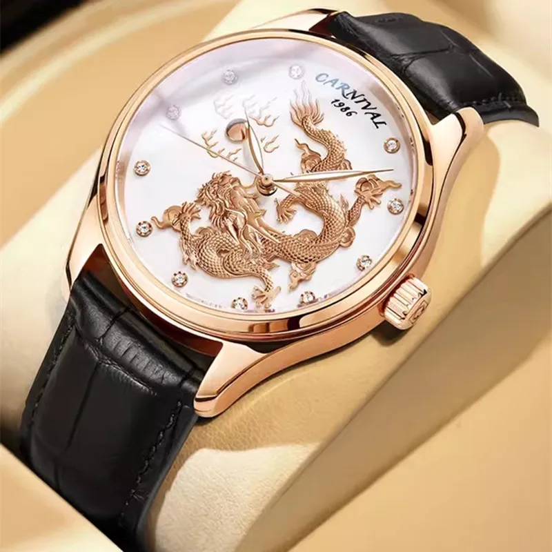 

Relogio Masculino CARNIVAL Mechanical Gold Dragon Watch for Men Brand Luxury Automatic Wrist Watches 50M Waterproof Reloj Hombre