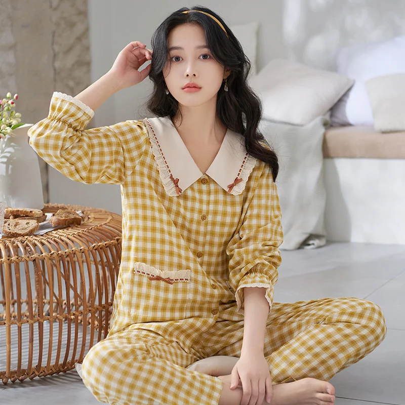 

Spring Womens Full Pure Cotton Pajamas Set Plaid Femme Pyjamas Set Sleepwear Loungewear All Seasons Long Sleeve Sleep Clothes