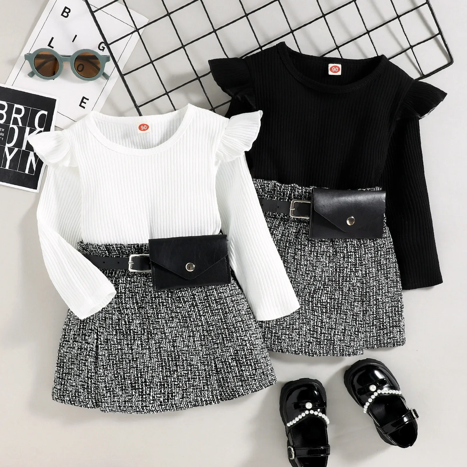 

New 12M-5T Clothing Stylish Baby Girls' Autumn And Winter Cotton Pit Long Sleeve Top+ Purse+Word Skirt Suit 3Piece Girl Clothes