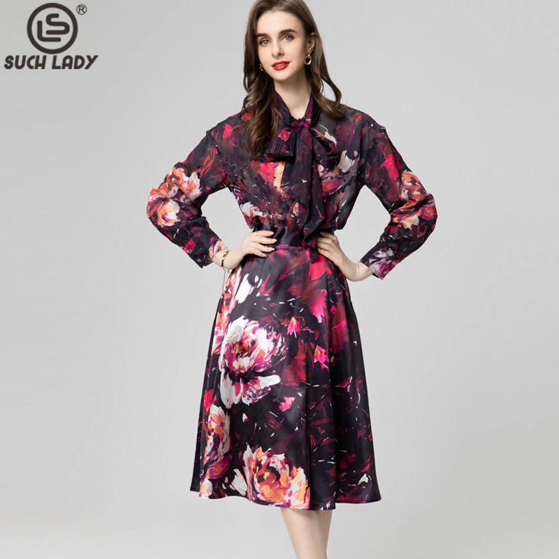 

Women's Runway Designer Two Piece Dress Lace Up Collar Long Sleeves Printed Shirt with Floral Skirt Fashion Twinset Sets