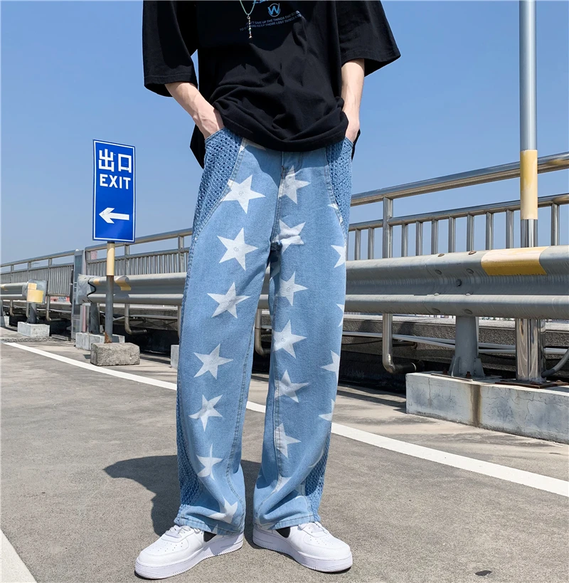 

Korean Style Star Printed Denim Pants 2022 New Streetwear Hip Hop Patchwork Jean Pants Men Loose Casual Straight Wige-leg Jeans