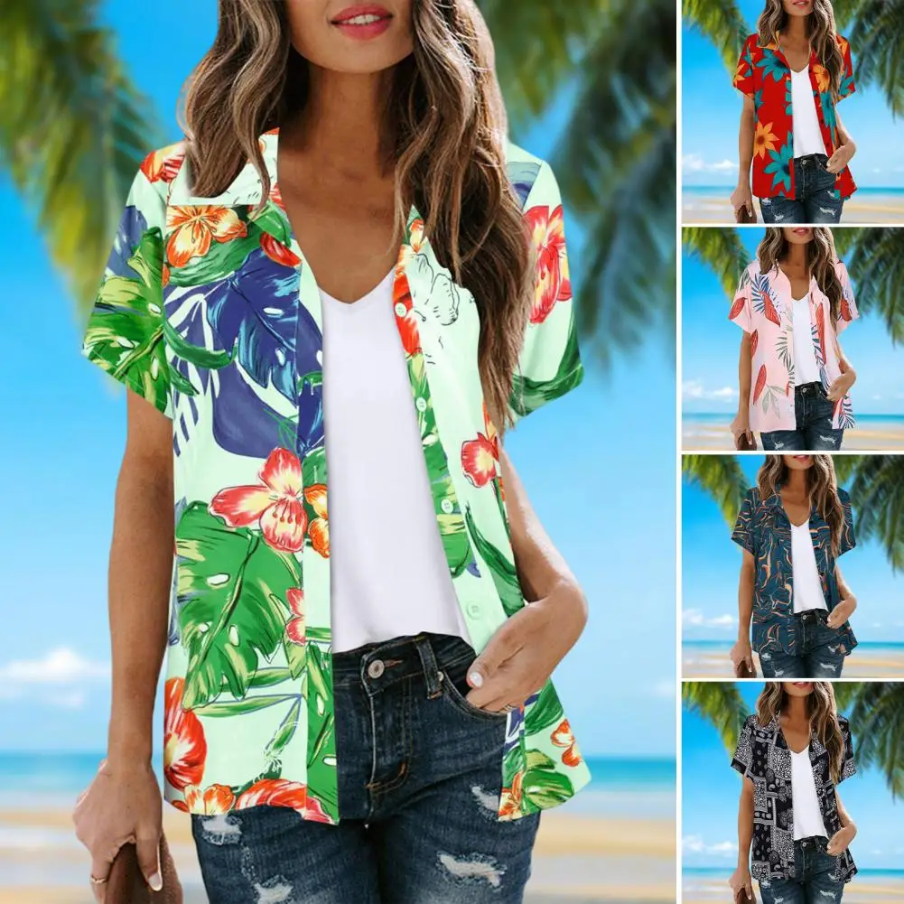 

Рубашка женская с цветочным принтом, Повседневная Блузка с коротким рукавом, с лацканами, пляжный топ свободного кроя, уличная одежда, блузка