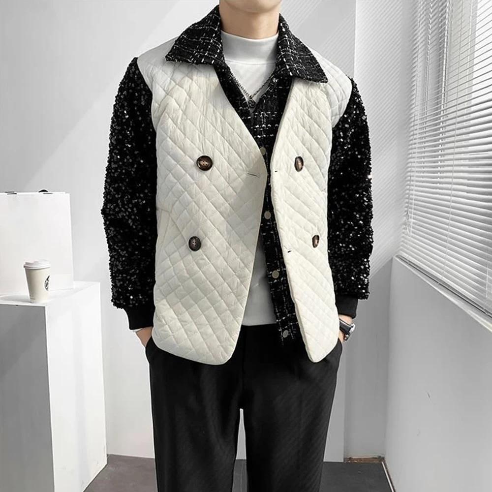 Mens Autumn Winter Splicing Fake Two-Piece Coats Genderless Nightclub Fashion Plaid Trendy Elegant Sequined Casual Coats Unisex
Mens Autumn Winter Splicing Fake Two-Piece Coats Genderless Nightclub Fashion Plaid Trendy Elegant Sequined Casual Coats Unisex