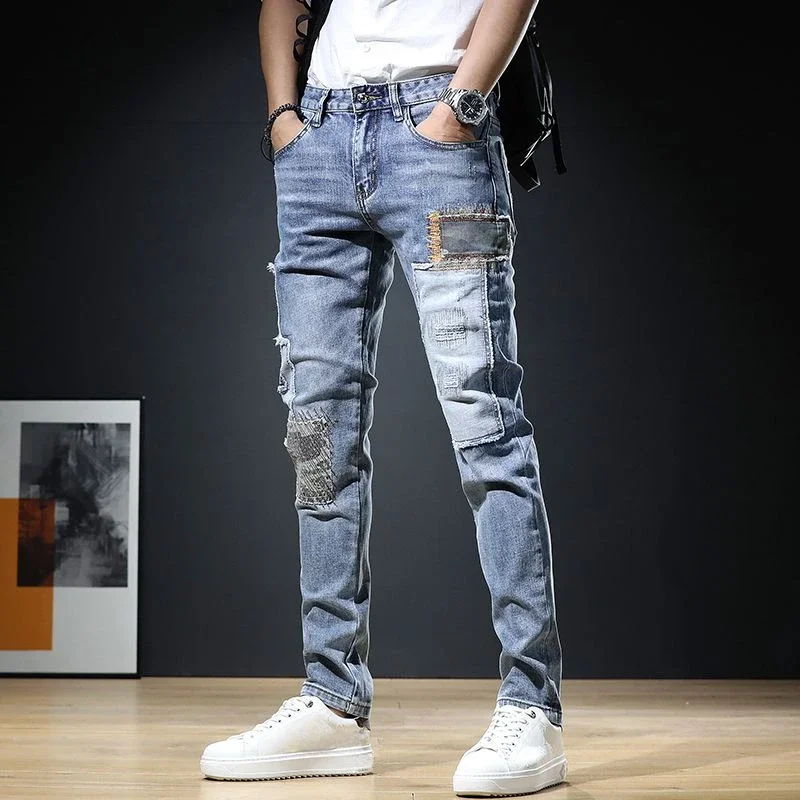 

Male Cowboy Pants Tight Pipe Trousers Slim Fit Embroidery Jeans for Men Cropped Patches Skinny Stretch Elastic 2023 Fashion Soft