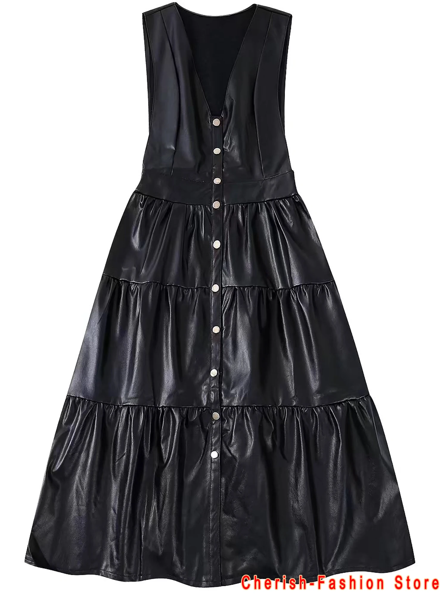 

2023 Autumn New Women's V-neck Sleeveless Button-embellished Faux Leather Pleated Layered Vest Dress Pleated Dress PU leather