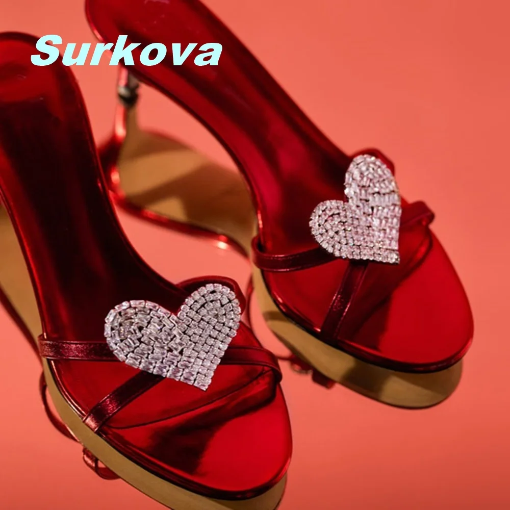 

Gorgeous Red Stiletto Slippers Heart Shaped Rhinestones Round Toe Sexy 2023 Fashion Sweet Women Shoes Outside Leisure All Match