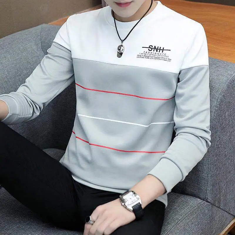 

Spring and Autumn New Men's Printed Long-sleeved T-shirt Teen Round Neck Bottom Top Fashion Casual Men's Cothing Oversized