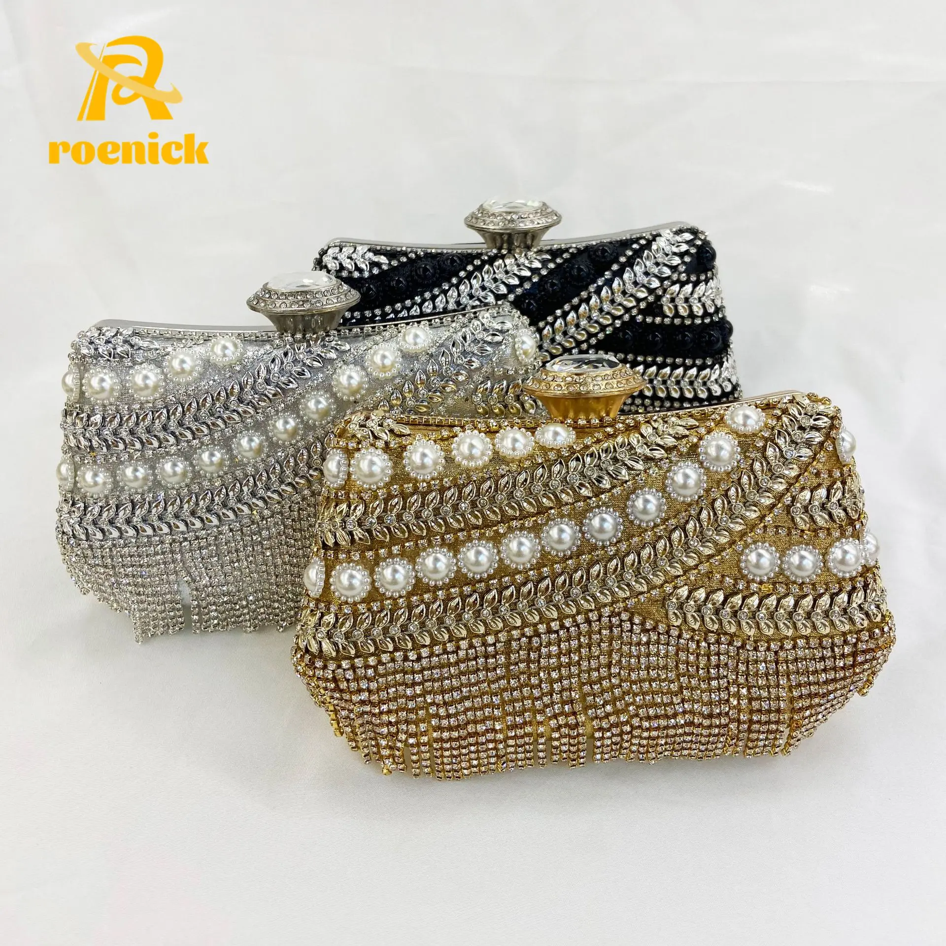 

ROENICK Women Rhinestone Tassel Evening Bags Dinner Party Banquet Day Clutch Pearl Beaded Crossbody One Shoulder Mini Tote Purse