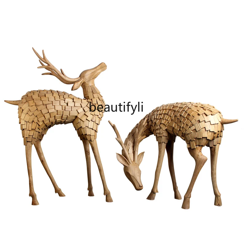 

Solid Wood Sculpture Deer Decoration Floor Indoor Large Soft Decoration Hotel Lobby Villa Shopping Mall Wood Carving Crafts