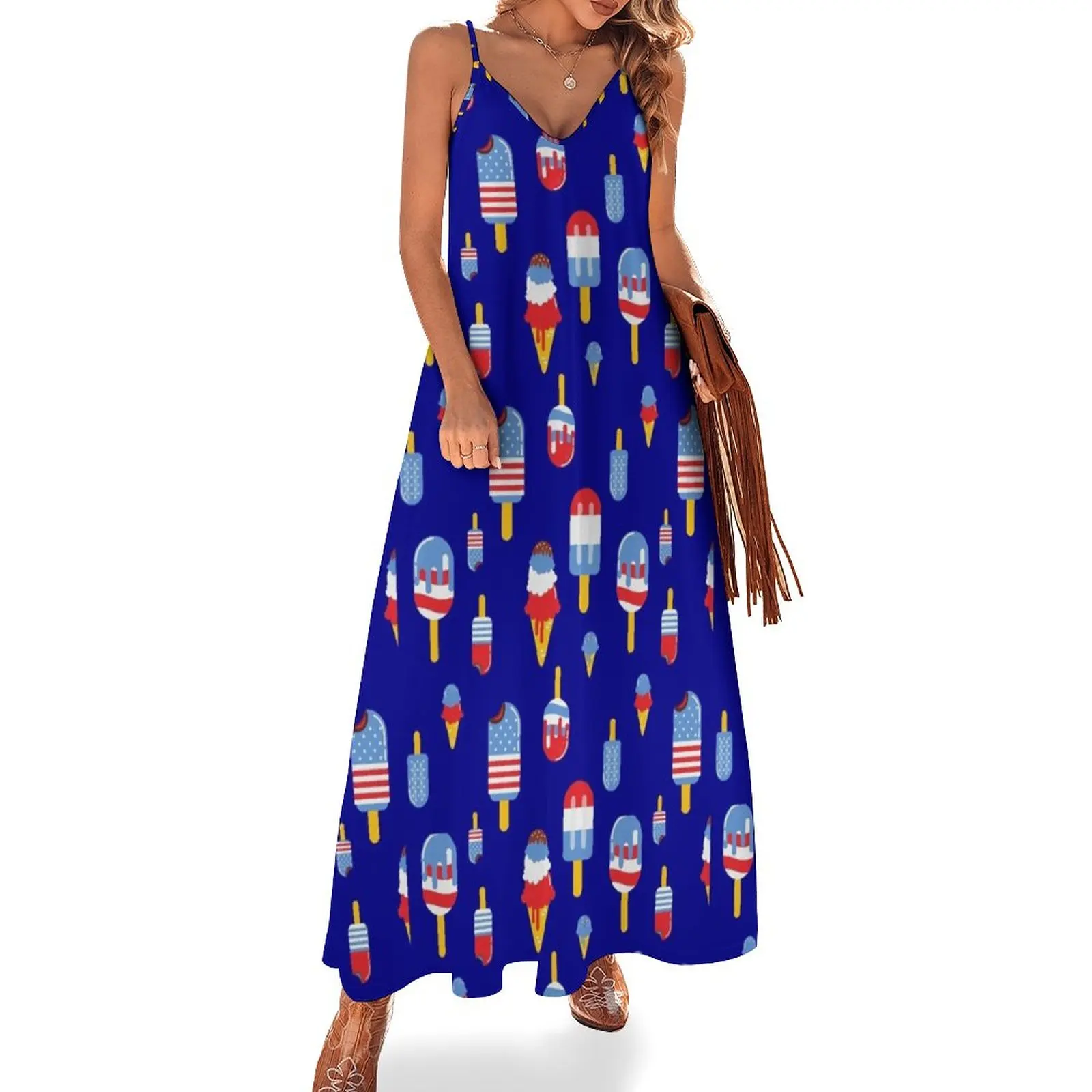 

Stars and Stripes Ice cream Cones and Popsicles Sleeveless Dress Long dresses loose women's dress Women's summer skirt